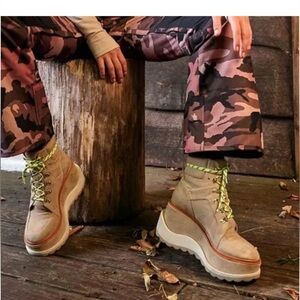 Free People Beige Lace-Up Platform Boots with Neon Laces